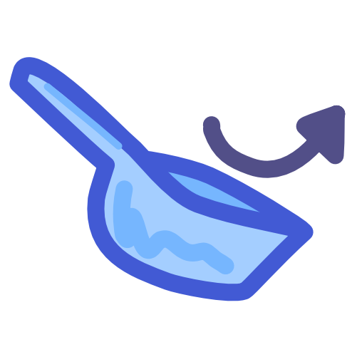 An image with dark line art shows an empty blue scoop with a curved purple arrow above it.